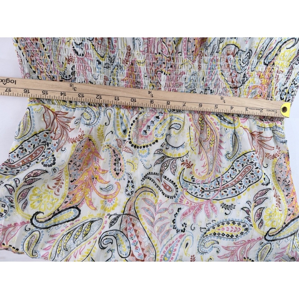 Boston Proper Smocked Mini Dress M Paisley Bell Sleeves Shimmer Fairy Peasant - Picture 12 of 13